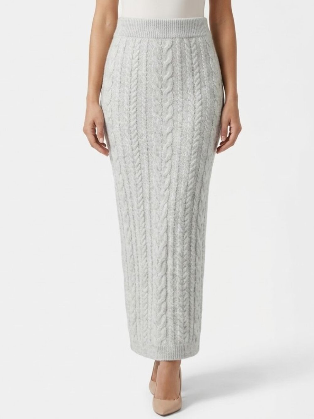 Jessica Simpson Cable Knit Midi Skirt Cozy Soft Light Grey Slit Coquette M